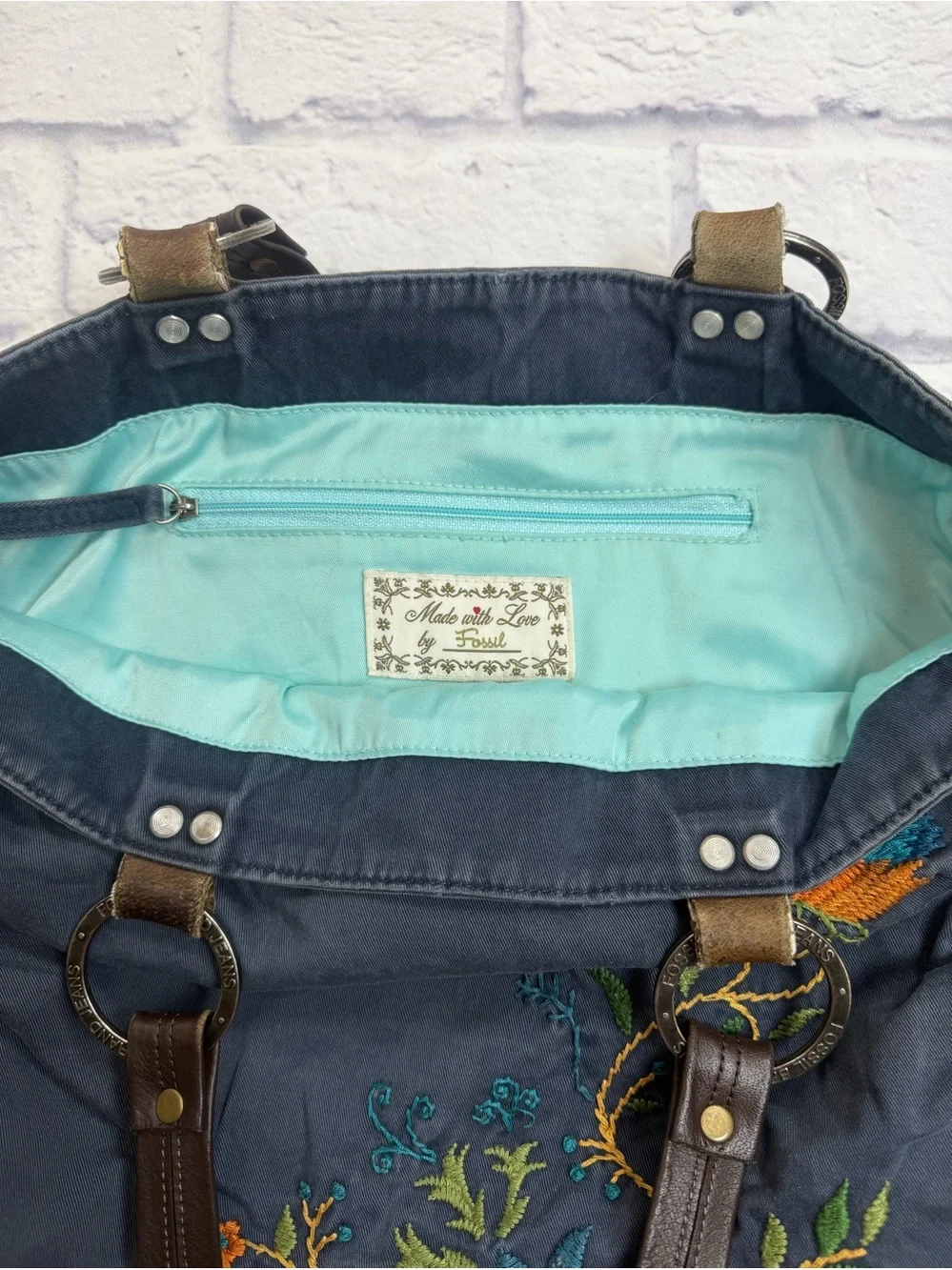 Vintage Fossil Dark Blue Embroidered Hobo/Shoulder Tote Bag